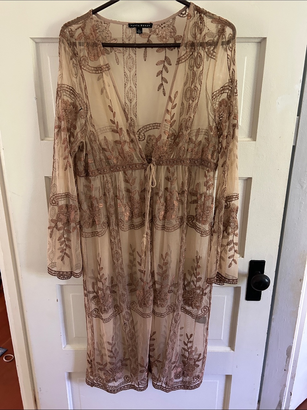 Haute Monde Beige Embroidered Sheer Wrap Tunic Robe